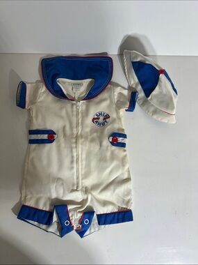 Vintage Classic Nautical Cream and Blue Baby One-Piece with Hat